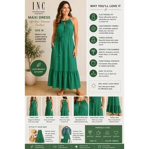 INC Maxi Dress Green SZ16 Tiered Strapless Summer Resort Boho